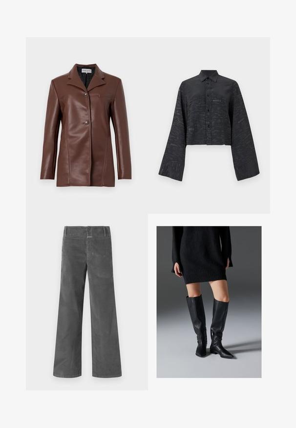 Blazer marron en simili cuir avec revers crantés, deux boutons devant, manches longues et détail de poche poitrine.; T-shirt noir court à manches longues, présentant un motif discret de texte imprimé sur l'ensemble. Confectionné dans un tissu lisse avec un col à revers et une fermeture à boutons.; Pantalons larges en velours côtelé gris avec des côtes verticales, dotés d'une fermeture à bouton, de passants de ceinture et de deux poches avant. Texture lisse.; Bottes en cuir noir au-dessus du genou avec des pointes allongées, des semelles plates et des fermetures éclair sur le côté. Texture lisse, design épuré sans embellissements.