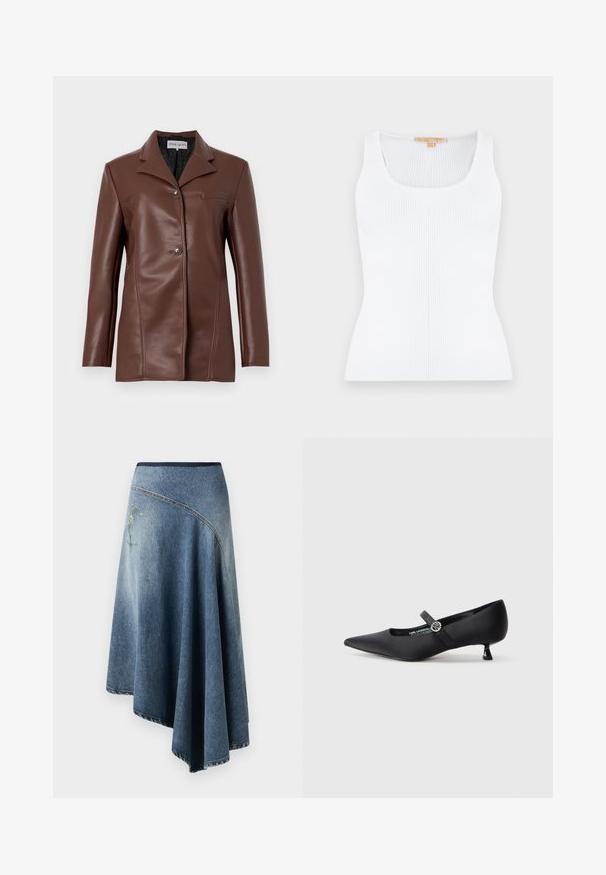Brauner Blazer aus Kunstleder mit Reverskragen, zwei vorderen Knöpfen, langen Ärmeln und einer Brusttaschen-Detail.; Weißes, geripptes, ärmelloses Strick-Top mit Rundhalsausschnitt und figurbetonter Silhouette.; Denim-Wickelrock in einem hellen bis dunklen Blauton-Gradient, mit einem gestickten Blumenmuster auf einer Seite und sichtbaren Stichdetails entlang der Ränder.; Schwarze Satin-Pump mit spitzem Zehenbereich, niedrigem Kittenabsatz und Seitenriemen mit einem kreisförmigen silbernen Akzent. Glatte Textur, elegantes Design.