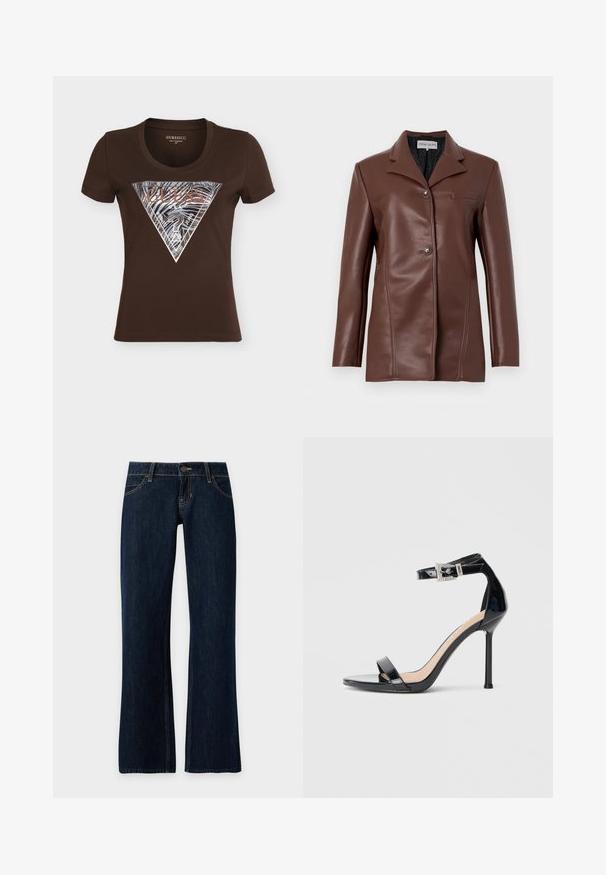 Blazer marron en simili cuir avec revers crantés, deux boutons devant, manches longues et détail de poche poitrine.; T-shirt ajusté à manches courtes marron foncé avec logo triangulaire Guess argent métallique présentant des rayures de zèbre et un texte sur le devant.; Jean en denim bleu foncé avec une coupe droite, poches avant, passants de ceinture et fermeture par bouton sur un fond uni.; Sandale à talon haut en cuir verni noir avec bride à la cheville. Présente un design minimaliste, un bout ouvert et une boucle ornée de strass.