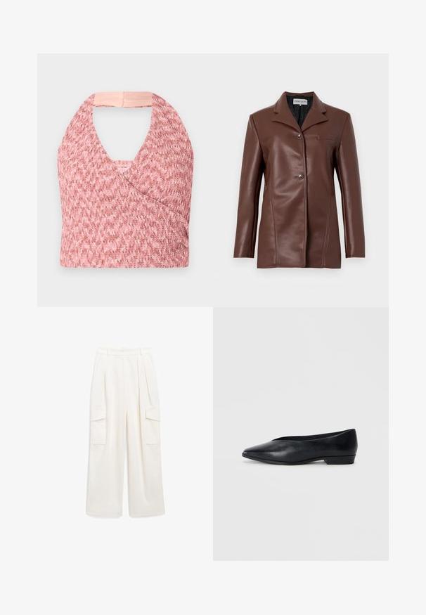 Brun blazer i kunstlæder med hakkraver, to forreste knapper, lange ærmer og en brystlomme detalje.; Lys pink halterneck top lavet af tekstureret strikket stof med et omslag design, der har en blød beige kant bagpå for en sikker pasform.; Bredde ben cargo bukser i lysecrème stof, med to sidelommer og to frontlommer, glat tekstur med plisseret design.; Sorte læder flade sko med spids tå, let hævet hæl og glat overflade. Simpelt design uden synligt hardware eller mønstre.