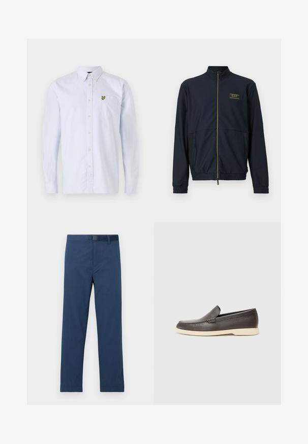 Marineblaue Zip-Up-Jacke mit strukturierter Stoffqualität, Stehkragen, elastischen Bündchen und Seitenteilen. Mit goldenem EA7-Logo auf der Brust.; Hellblau gestreifte Button-Down-Hemd mit einem kleinen gelben Logo auf der Brusttasche. Mit klassischem Kragen und langen Ärmeln. Aus Baumwollmaterial.; Marineblaue Hosen aus glattem Stoff mit regulärer Passform, geraden Beinen und einem Knopf- und Clipverschluss am Bund.; Braune Leder-Slippers mit strukturierter Oberfläche und einer kontrastierenden, hellbeigen Sohle. Sie verfügen über eine abgerundete Zehenpartie und minimale Nähdetails.