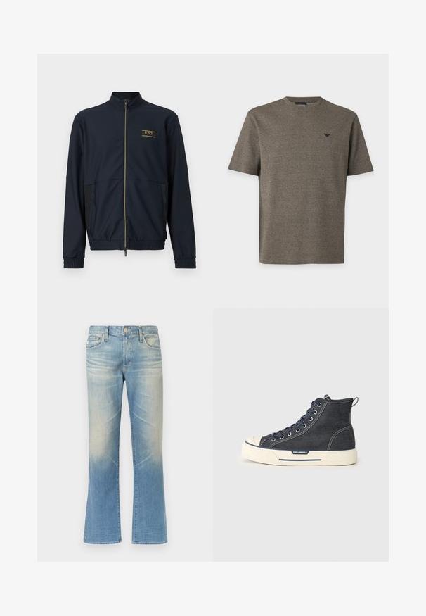 Chaqueta azul marino con cremallera, tejido texturizado, cuello alto, puños elásticos y paneles laterales. Presenta un logo dorado de EA7 en el pecho.; Camiseta de hombre de manga corta con cuello redondo en verde oliva texturizado con pequeño logo negro en el pecho izquierdo.; Vaqueros acampanados de mezclilla azul claro con acabado desgastado, diseño de cinco bolsillos, cierre con botón metálico y bajos rectos.; Zapatillas altas de denim oscuro con suela de goma crema, con cordones en navy y una pestaña trasera para tirar. Logo en el lateral.