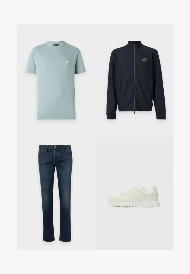 Marineblauwe jas met ritssluiting, gemaakt van een gestructureerde stof, met een opstaande kraag, elastische manchetten en zijpanelen. Voorzien van een gouden EA7-logo op de borst.; Lichtblauw kortarm t-shirt van katoen, met een ronde halslijn en een klein geborduurd logo op de linker borst.; Donkerblauwe slim-fit jeans met lichte vervaging en kleine witte verfdruppels, voorzien van vijf zakken en knoopsluiting.; Witte leren sneaker met een textuur bovenkant, ronde neus, vlakke witte zool en tonale veters. Subtiele branding op de tong.