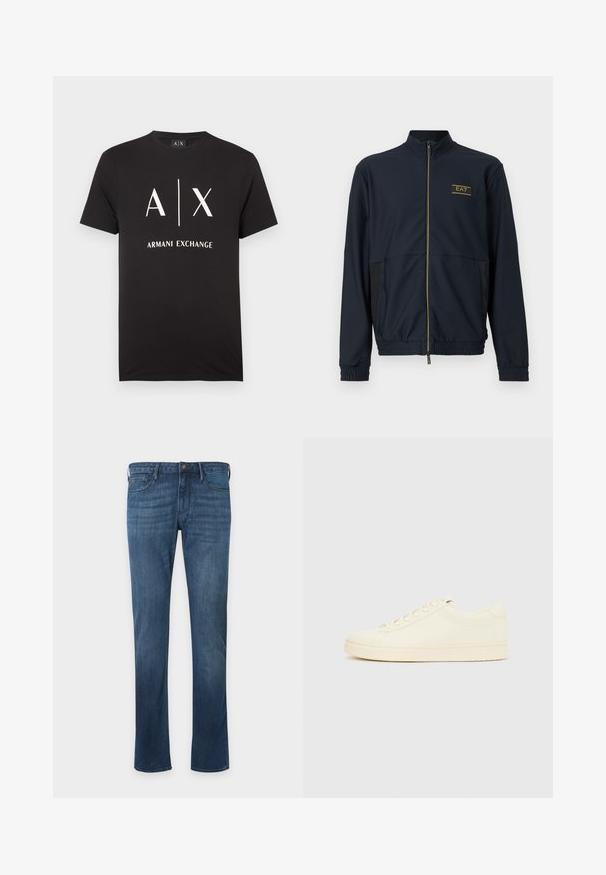 Veste zippée bleu marine en tissu texturé, col montant, poignets élastiques et panneaux latéraux. Présente un logo EA7 doré sur la poitrine.; T-shirt en coton noir avec les initiales "A|X" et "ARMANI EXCHANGE" imprimées en blanc. Col rond avec manches courtes.; Jean en denim bleu à coupe droite avec poches avant, passants pour ceinture et fermeture par bouton, présenté sur un fond clair uni.; Baskets couleur crème avec une tige en cuir lisse, bout arrondi, laçage à l'avant et semelle en caoutchouc texturée. Design minimaliste, sans logo.