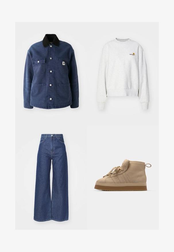 Chaqueta azul marino de botones con cuello de pana negro, cuatro bolsillos frontales y botones de presión de metal, con un pequeño logo en el bolsillo del pecho.; Sudadera gris de cuello redondo en una tela suave con puños y dobladillo de punto; presenta un logo bordado en el pecho en amarillo y burdeos.; Jeans de pierna ancha hechos de denim azul oscuro. Diseño de altura alta con cremallera y cierre de botón. Cuenta con el estilo clásico de cinco bolsillos y bordes rematados.; Zapatillas altas de ante beige con suela de goma gruesa, que cuentan con una lengüeta plegable, puntera redondeada y cordones decorativos.
