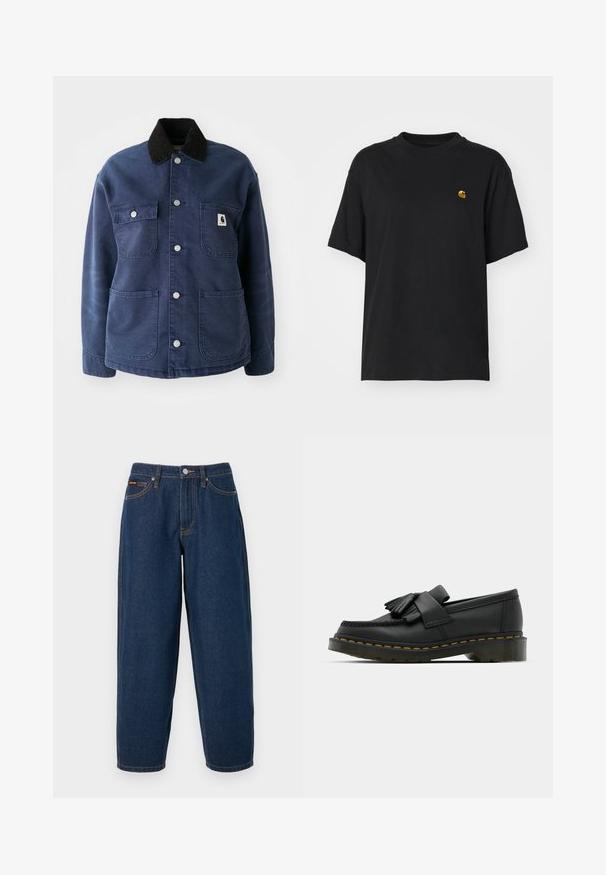 Marineblauwe button-up jas met zwarte corduroy kraag, vier voorkruisen en metalen drukknoopjes, voorzien van een klein logo op de borstzak.; Zwarte katoenen t-shirt met een relaxte pasvorm. Heeft een ronde hals en korte mouwen. Bevat een klein goud geborduurd logo op de borst.; Donkerblauwe straight-leg spijkerbroek met vijf zakken, knoopsluiting en oranje stiksels op een effen achtergrond.; Zwarte leren loafers met een ronde neus, voorzien van een franjesdetail en een decoratieve band aan de voorkant, geplaatst op een chunky hak.