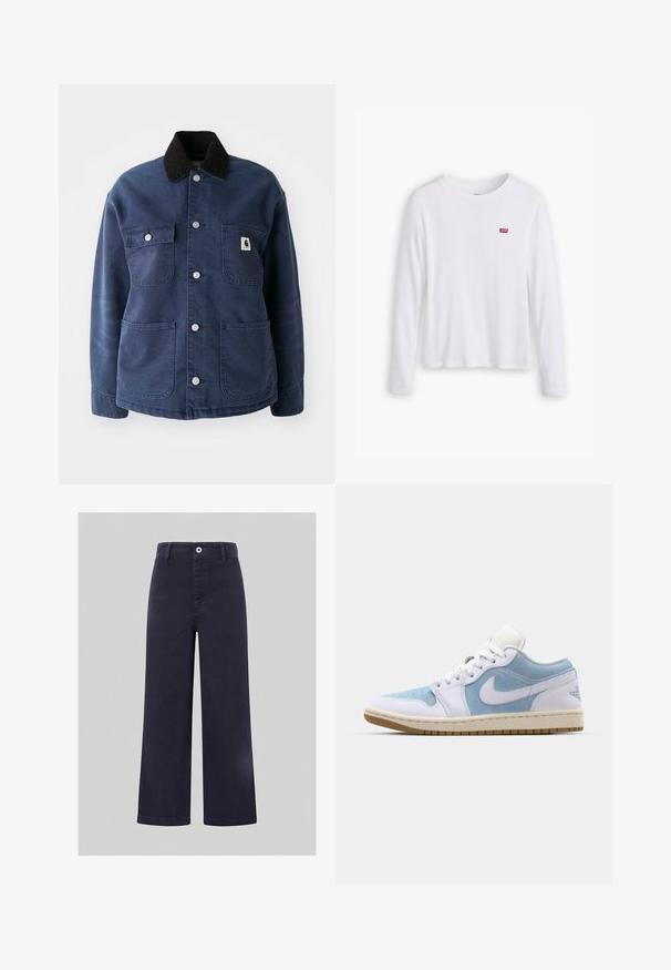 Marineblauwe button-up jas met zwarte corduroy kraag, vier voorkruisen en metalen drukknoopjes, voorzien van een klein logo op de borstzak.; Witte lange mouwen shirt van zachte katoen. Bevat een klein rood Levi's logo op de linkerborst. Klassiek ronde hals ontwerp.; Lange marineblauwe broek van een soepele katoenmix, met een sluiting met knoop aan de voorkant en gestikte details langs de tailleband en zakken.; Jordan AIR JORDAN 1 LOW SE - Sneakers hoog - worn blue/white/light brown/sail