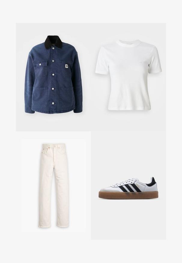 Chaqueta azul marino de botones con cuello de pana negro, cuatro bolsillos frontales y botones de presión de metal, con un pequeño logo en el bolsillo del pecho.; Camiseta blanca de manga corta con canalé, escote redondo y un pequeño logo en el pecho. Fabricada con una tela suave y con un diseño ajustado.; Jeans de mezclilla blanca con un diseño de pierna recta, estilo de cinco bolsillos y detalles de hardware en color cobre. Acabado sin dobladillo en los tobillos.; Zapatillas de cuero blancas con rayas negras, suela de goma, puntera redonda, cierre de cordones y caperuza de ante gris suave.