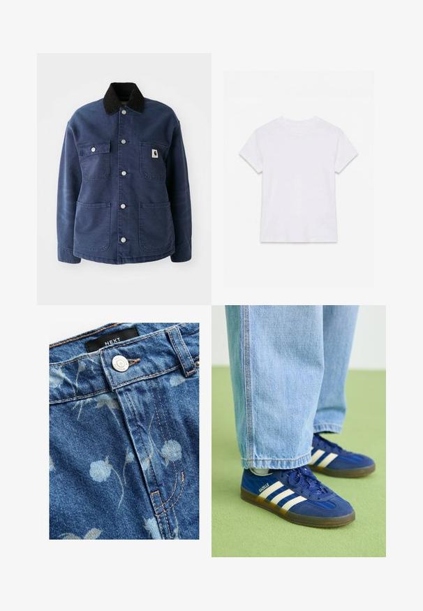 Mørkeblå knap-up jakke med sort kordfløjlskrave, fire forlommer og metalsnapper, med et lille logo på brystlommen.; Hvid kortærmet t-shirt i bomuld med rund hals, lagt fladt på en hvid baggrund.; Denimstof i lyseblå, prydet med blomsterprint. Inkluderer en sølvknaplukning og lysebrune syninger langs sømmene. Mærkets etiket er synlig.; Blå ruskindsneakers med hvide striber og teksturerede mønstre, båret med lyseblå denimbukser, sat mod en grøn baggrund.