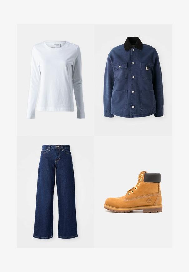 Chaqueta azul marino de botones con cuello de pana negro, cuatro bolsillos frontales y botones de presión de metal, con un pequeño logo en el bolsillo del pecho.; Camiseta blanca de manga larga hecha de algodón suave. Presenta un cuello redondo y mangas ajustadas. Textura suave con un diseño liso.; Jeans de pierna ancha azul oscuro, confeccionados en denim, con cierre de botón y cremallera, trabillas para cinturón y diseño clásico de cinco bolsillos.; Botín de cuero marrón con acolchado negro, ojales dorados y suela texturizada. Presenta un logotipo circular en el costado y acentos de costura.