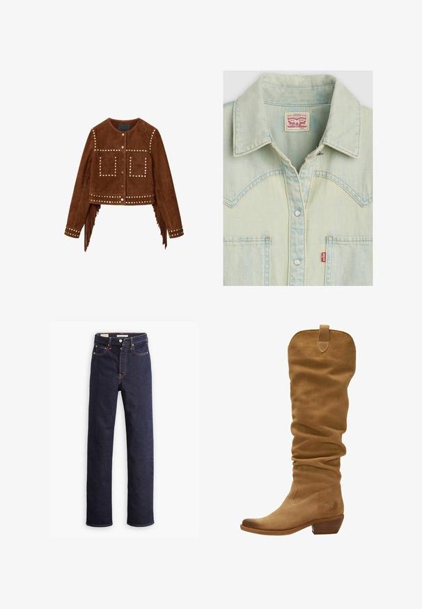 Bruine suède cropped jas met metalen studs, drukknopen aan de voorkant, twee vierkante borstzakken en franjes langs de zijnaden en manchetten.; Lichtblauw denimshirt met een klassieke kraag, drukknopen, een borstzak en een label in een rood-wit ontwerp. Heeft een verweerde uitstraling.; Donkerblauwe straight-leg denim jeans met vijf zakken en zichtbare oranje stiksels op een witte achtergrond.; Lichtbruine suède kniehoog laars met een slouchy ontwerp, pointed toe en een gestapelde hak. Voorzien van een lus aan de bovenkant voor gemakkelijker aan- en uittrekken.