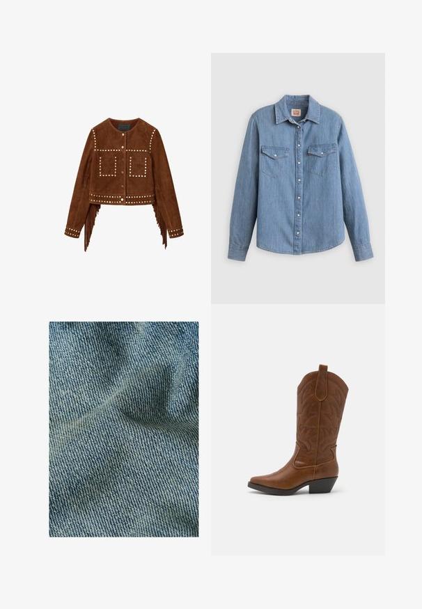 Bruine suède cropped jas met metalen studs, drukknopen aan de voorkant, twee vierkante borstzakken en franjes langs de zijnaden en manchetten.; Lichtblauw spijkerhemd met lange mouwen, knoopsluiting aan de voorkant, twee borstzakken en een klassieke kraag. Soepele textuur en een ontspannen pasvorm.; Close-up van blauwe denimstof die de gedetailleerde weefstructuur en subtiele plooien in het materiaal toont.; ONLY SHOES ONLBRONCO - Cowboy-/Bikerlaarzen - brown