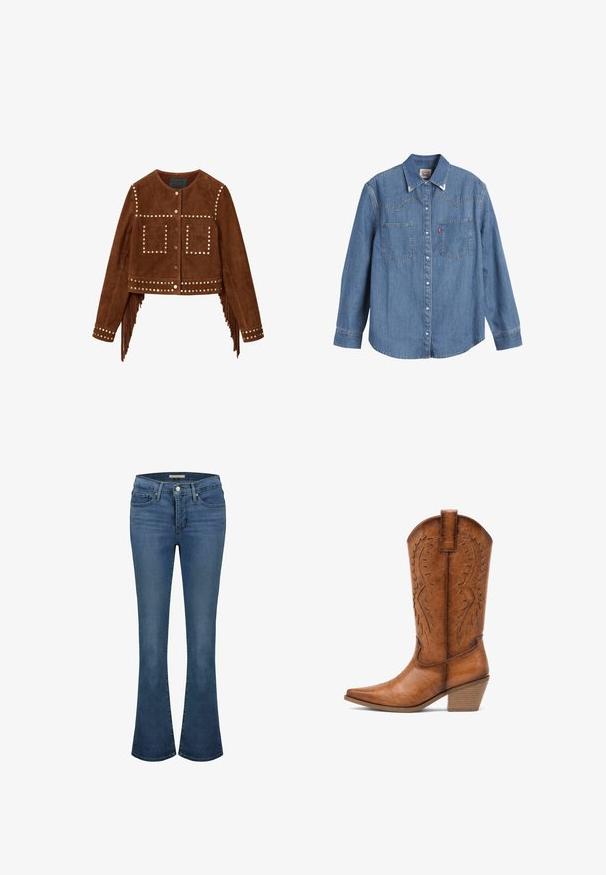 Veste courte en daim marron avec détails à rivets métalliques, boutons-pression à l'avant, deux poches carrées sur la poitrine, et franges le long des coutures latérales et des poignets.; Chemise en jean bleu clair à manches longues, col pointu, deux poches poitrine et coutures contrastées. Possède un design de dos de style western.; Jean flare en denim bleu avec une taille mi-haute, présentant des surpiqûres décoratives, deux poches avant et une poche arrière en patch.; Botte de cowboy en cuir marron mi-mollet avec coutures décoratives, bout pointu et talon bloc empilé sur fond blanc.