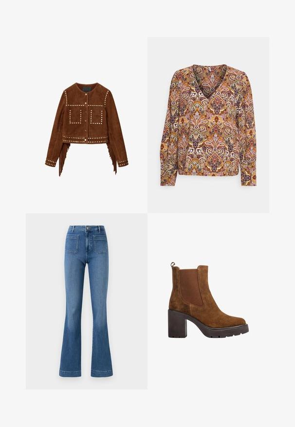 Bruine suède cropped jas met metalen studs, drukknopen aan de voorkant, twee vierkante borstzakken en franjes langs de zijnaden en manchetten.; Langarmblouse met een diepe V-hals, gemaakt van gestructureerde stof met ingewikkelde paisleypatronen in oranje, paars en crème tinten.; Gelaste blauwe spijkerbroeken van denim met een middellange taille, voorzien van twee achterzakken en een schone zoom. Soepele textuur en klassiek ontwerp.; Bruine suède enkellaars met grove zwarte hak, elastisch zijpaneel en trekstreep aan de achterkant, zijaanzicht op witte achtergrond.