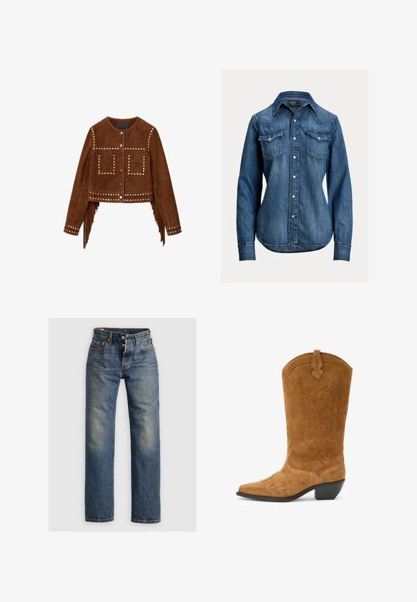 Bruine suède cropped jas met metalen studs, drukknopen aan de voorkant, twee vierkante borstzakken en franjes langs de zijnaden en manchetten.; Blauw denim overhemd met lange mouwen, parelachtige drukknoopjes, twee borstflappen en een puntige kraag van Polo Ralph Lauren.; Blauwe spijkerbroek met een recht model, voorzien van zichtbare stiksels, een ritssluiting en vijf zakken. Vervaagde gedeelten bieden textuur.; Bruine suède cowboylaars met een spitse neus, gebogen bovenrand, decoratieve stiksels en een lage gestapelde hak. Geweven oppervlak heeft bloemenpatronen.