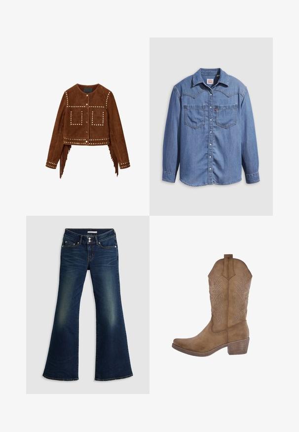 Brun ruskind cropped jakke med metalliske nitter i detaljer, front med trykknapper, to firkantede brystlommer og frynser langs sidesømme og manchetter.; Lyseblå denimskjorte med spidst krave, to brystlommer og trykknapper. Har et western-inspireret stykke på skuldrene.; Mørkeblå denim superlow flare jeans med for- og baglommer, dobbelt knappelukning og slidte detaljer på lår og knæ.; Brune cowboystøvler med spids tå, dekorativ syning og hævede bladmønstre. Har en mellemhøj blokhælkonstruktion og en glat tekstur.