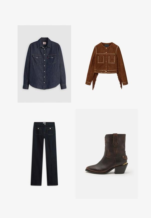 Brun ruskind cropped jakke med metalliske nitter i detaljer, front med trykknapper, to firkantede brystlommer og frynser langs sidesømme og manchetter.; Mørkeblå denimskjorte med lange ærmer, knaplukning fortil, to brystlommer med klapper og kontrasterende gule sømme.; Mørkeblå denimjeans med lige ben, der har to forlommer og synlige syningsdetaljer. Ingen synlige slidmærker.; Brune læder cowboystøvle med spids tå og stablet hæl. Har et dekorativt diamantmønster og en rem med hardware-detajle.