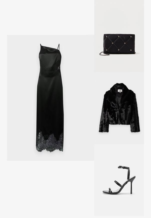 Veste cropped en fausse fourrure noire avec un large col, texture douce et manches longues. Doublée à l'intérieur avec un tissu lisse, étiquette de marque visible.; Robe en satin noir avec une épaule dénudée, dotée d'un ourlet en dentelle festonné et d'un détail en dentelle florale sur le côté. Texture lisse sur l'ensemble.; Sandales à talons hauts en cuir verni noir avec trois sangles horizontales et une sangle de cheville ajustable. Silhouette élégante et finition brillante.; Clutch en satin matelassé noir avec des clous en pyramide argentés, chaîne, forme rectangulaire et texture lisse. Dimensions de 10 cm x 18 cm x 4 cm.