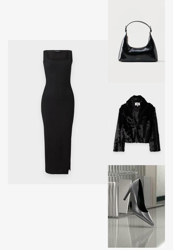 Schwarze gefälschte Pelz-Cropped-Jacke mit breitem Revers, weicher Textur und langen Ärmeln. Innen mit glattem Stoff gefüttert, Markenlabel sichtbar.; Schwarzes, geripptes Strick-Midi-Kleid mit quadratischem Ausschnitt, taillierter Silhouette und seitlichem Schlitz. Das Material hat eine glatte Textur. Einfaches Design.; Schwarzer Highheel-Schuh, der in der Luft schwebt vor einem Metallmappe-Organizer mit Ordnern auf einer polierten Oberfläche.; Schwarze, glänzende Calvin Klein Handtasche mit goldfarbenem Reißverschluss und kurzem Trageriemen vor schlichtem weißem Hintergrund.