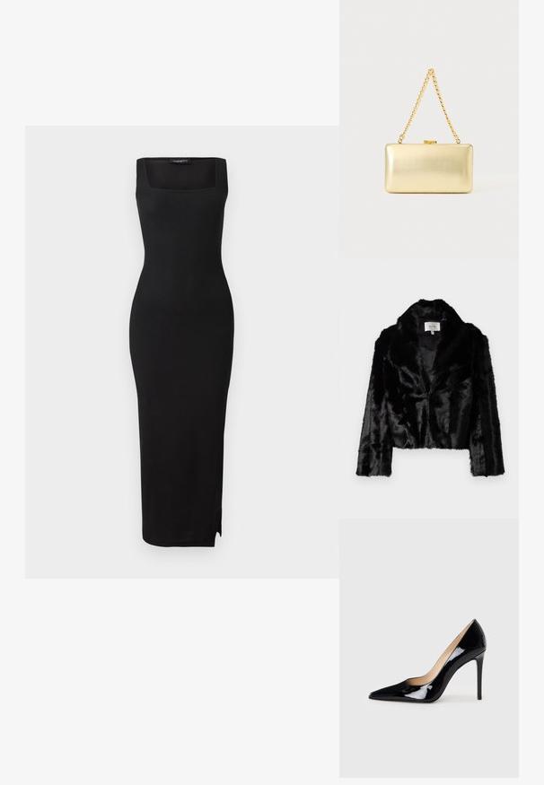Sort faux fur cropped jakke med bred revers, blød tekstur og lange ærmer. Indvendigt foret med glat stof, mærke synligt.; Sort ribbet strikket midi-kjole med firkantet udskæring, tætsiddende silhuet og slids i siden. Materialet har en glat tekstur. Simpelt design.; Sorte lakerede højhælede sko med en spids tå-design og en strømlinet silhuet. Har en glat, skinnende finish og en slank stiletto-hæl.; Rektangulær guld clutch taske med skinnende overflade, metal-lås og kort guldkædehank mod en lys ensfarvet baggrund.