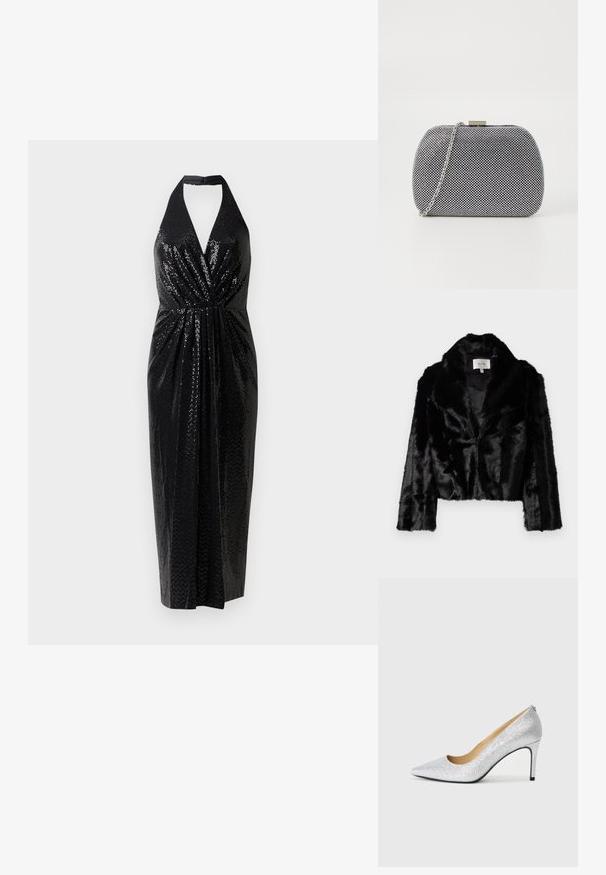 Sort faux fur cropped jakke med bred revers, blød tekstur og lange ærmer. Indvendigt foret med glat stof, mærke synligt.; Sorte halterneck-kjole lavet af perlebesat stof, med en dyb V-udskæring, samlet talje og en tætsiddende silhuet, der falder til midt på læggen.; Sølvglitrende højhælede pumps med spids tå og glat inderside. Hælen er tynd og fremhæver det slanke design.; Sorte og hvide teksturerede clutch-taske med rund form, sølvfarvet kædetrækt, og en metalspænde på toppen.