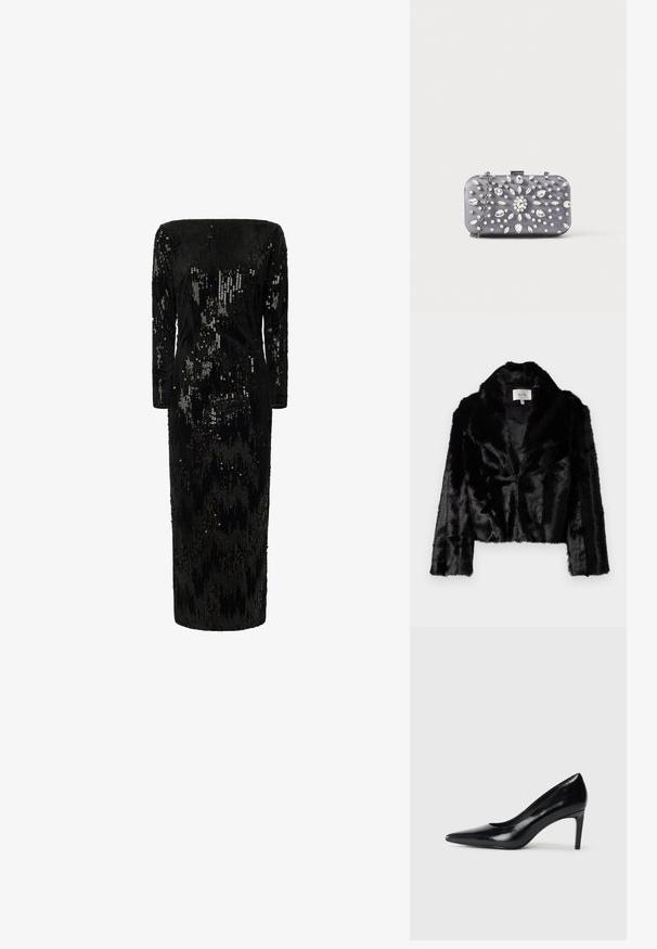 Schwarze gefälschte Pelz-Cropped-Jacke mit breitem Revers, weicher Textur und langen Ärmeln. Innen mit glattem Stoff gefüttert, Markenlabel sichtbar.; Schwarz mit Pailletten verzierter Kleid mit langen Ärmeln, schulterfreier Ausschnitt und gerader Silhouette; verfügt über eine strukturierte, schimmernde Oberfläche.; Schwarzer Lederhochschuh mit spitzem Zehenbereich, glatter Textur und schmalem Absatz. Minimalistisches Design, keine zusätzlichen Verzierungen.; Kleine rechteckige dunkelgraue Clutch, verziert mit klaren Strasssteinen in einem strahlenförmigen Muster und einem silbernen Kettenriemen.