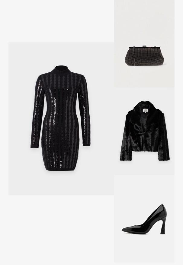 Chaqueta corta de piel sintética negra con solapas anchas, textura suave y mangas largas. Forro interior de tela suave, etiqueta de la marca visible.; Vestido negro de manga larga con brillantes rayas verticales de lentejuelas, cuello alto, silueta ajustada y textura acanalada en los puños y eldo.; Zapato de tacón alto de charol negro con punta afilada y tacón cuadrado que presenta un acento de logo. Textura de superficie suave y brillante.; Bolso de mano negro de malla con una silueta estructurada, adornado con pequeños tachuelas metálicas, que cuenta con un cierre de broche y una correa de cadena desmontable.