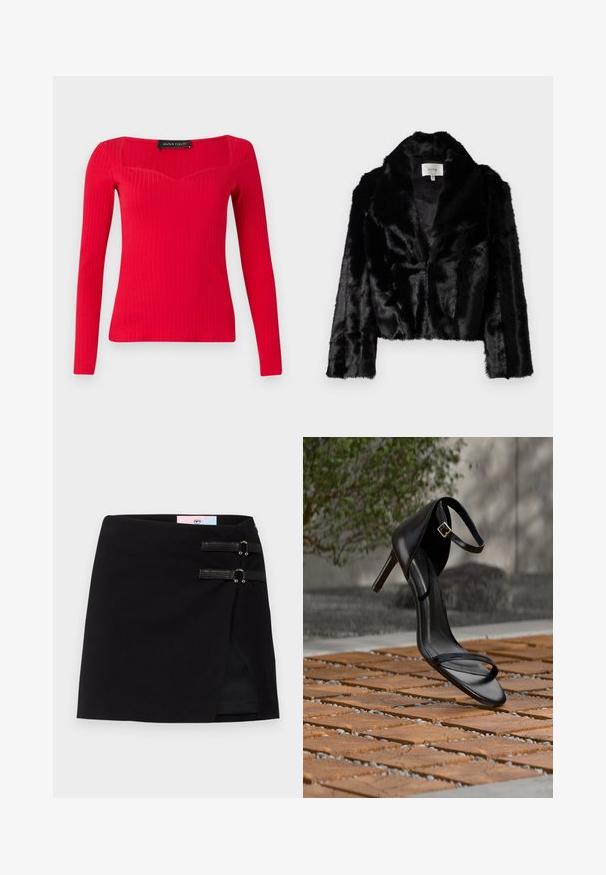 Sort faux fur cropped jakke med bred revers, blød tekstur og lange ærmer. Indvendigt foret med glat stof, mærke synligt.; Rød ribbet langærmet bluse med firkantet halsudskæring og subtil hjerteform. Fremstillet af strækbart stof for en tætsiddende silhuet.; Sort mini nederdel med indpakningsdesign, der har to dekorative sorte stropper med metal detaljer fortil. Glat stofstruktur.; Sort højhælet sandal med ankelsnor, der ser ud til at svæve over et trægulv udendørs med sløret grønt og sten i baggrunden.