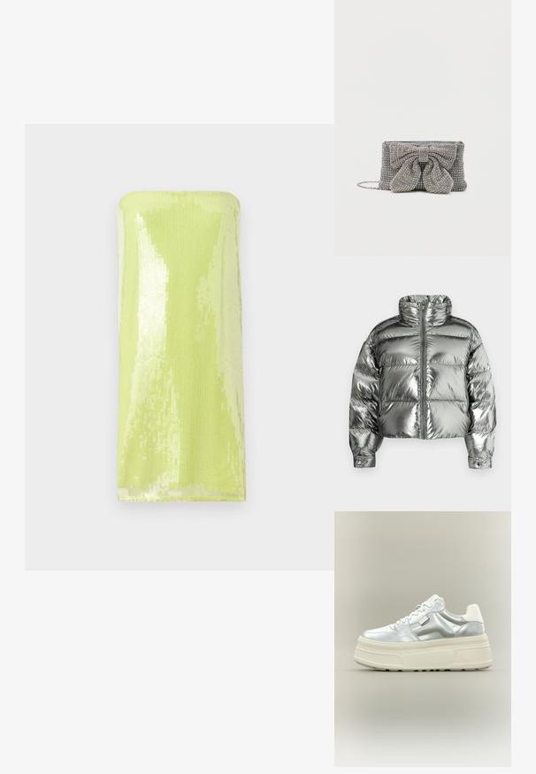 Sølvfarvet dunjakke med høj krave, polstret design, metallisk finish, lynlås foran og elastiske manchetter. Kort længde, glat tekstur.; Skinnende, limegrøn strapless top dækket af palietter. Glat tekstur med et fitted, rørformet design og en lige halsudskæring.; Kraftig platform-sneaker med metallic sølv overdel, hvide snørebånd og tyk cremefarvet tekstureret sål, vist i sideprofil på neutral baggrund.; Glitrende grå håndtaske med en tekstureret overflade, der har en stor sløjfe-accent på forsiden og en kædrem. Kompakt rektangulær form.