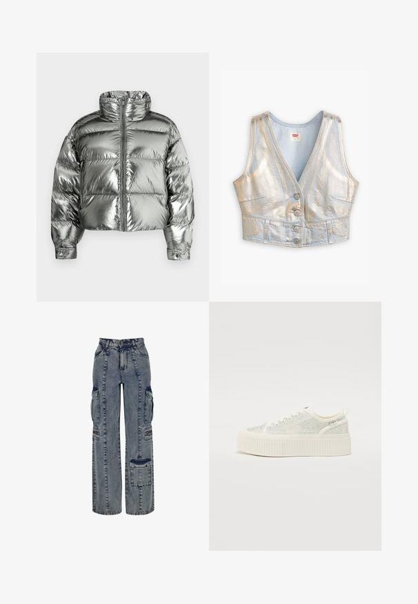 Sølvfarvet dunjakke med høj krave, polstret design, metallisk finish, lynlås foran og elastiske manchetter. Kort længde, glat tekstur.; Lys blå denim cropped vest med V-hals, metallisk glans, fem-knap lukning og to frontlommer; generelt glat tekstur.; Denim cargo bukser i lyseblå. Har vide ben, flere sidelommer og kontrasterende mørke denim detaljer. Struktureret med synlige sømme.; Hvide platformsko med en tekstureret overdel, der har iriserende accenter og en tyk ribbet sål. Snørebånd og en trækstrop bagpå.