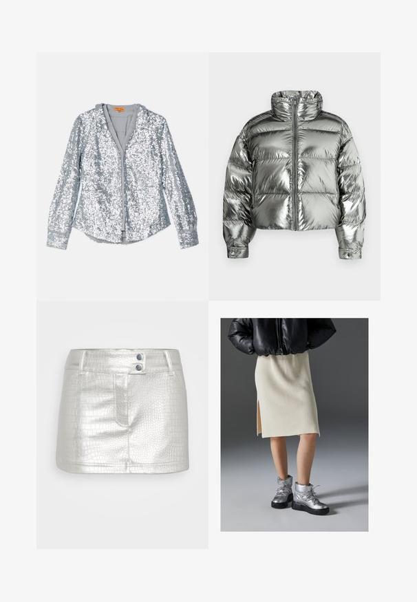 Silver puffer jacket with a high collar, padded design, metallic finish, front zipper, and elastic cuffs. Cropped length, smooth texture.; Silver sequin jacket with long sleeves, buttoned front, and a collar. Soft inner lining and elastic cuffs with a smooth texture.; Silver, faux leather skirt with a textured crocodile pattern, featuring two blue button accents and a fitted design.; Cream ribbed knit skirt with a side slit, paired with metallic silver ankle boots featuring a chunky black sole and textured finish.