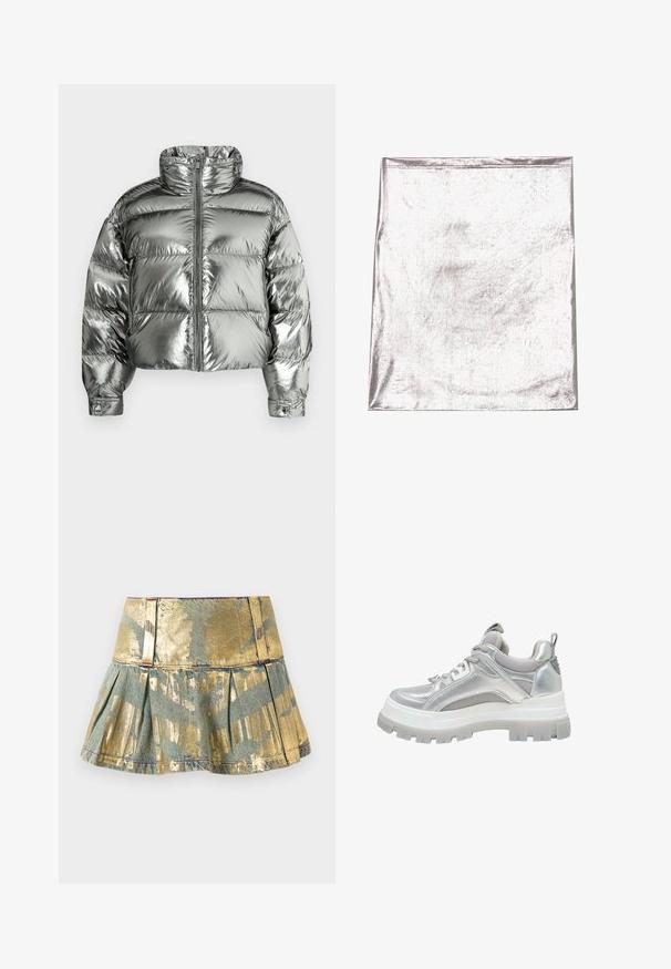 Silberne Steppjacke mit hohem Kragen, wattiertem Design, metallischem Finish, Reißverschluss vorne und elastischen Bündchen. Kurz geschnittene Länge, glatte Textur.; Metallisch silberner Stoff mit glatter Textur und leichtem Schimmer. Rechteckige Form, Kanten ordentlich genäht, keine auffälligen Muster oder Akzente.; Gold- und türkisfarbene, gefältelte Denim-Rock mit glänzender Oberfläche, ausgestattet mit einem figurschmeichelnden Bund und kontrastierenden Nähdetails.; Chunky Sneaker mit silberner Sohle, Mesh-Einsätzen, gepolstertem Kragen, Schnürverschluss und Zuglasche an der Ferse, seitliche Ansicht.