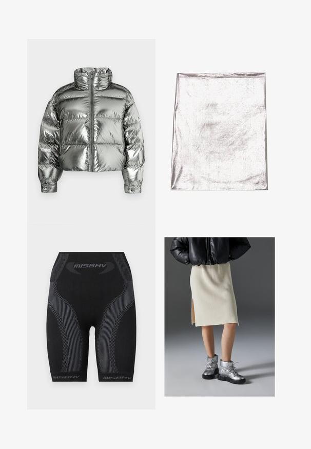 Sølvfarvet dunjakke med høj krave, polstret design, metallisk finish, lynlås foran og elastiske manchetter. Kort længde, glat tekstur.; Metallic sølv stof med en glat tekstur og let glans. Rektangulær form, kanter pænt syet, ingen fremtrædende mønstre eller detaljer.; Sorte atletiske shorts med en tætsiddende pasform, struktureret stof, lodrette grå striber og "MISBHV" logo ved kanten.; Cremefarvet ribstrikket nederdel med en sideslids, parret med metalisk sølvfarvede ankelstøvler med en kraftig sort sål og tekstureret overflade.