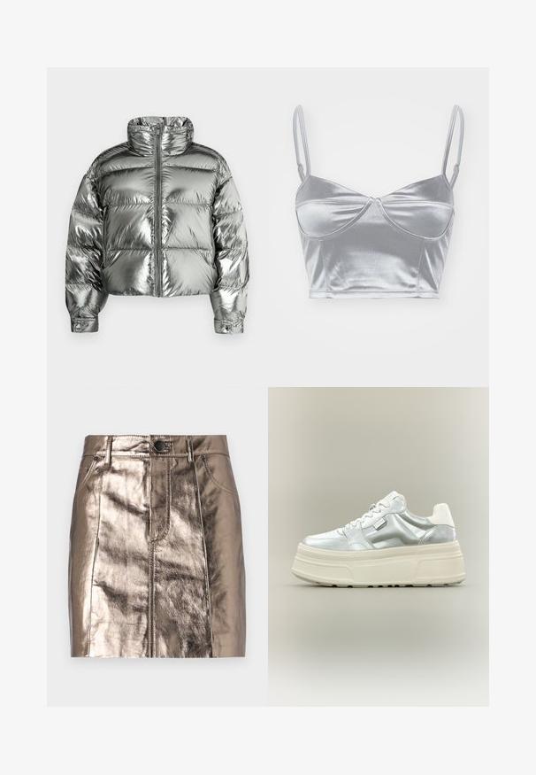 Zilveren donsjack met hoge kraag, gewatteerd ontwerp, metallic afwerking, ritssluiting aan de voorkant en elastische manchetten. Korte lengte, gladde textuur.; Zilveren satijnen bralette met dunne verstelbare bandjes, een sweetheart-halslijn en een gedraaide uitstraling in het midden. Glad, glanzend textuur.; Metaalachtige bronzen denim mini-jurk met een rechte snit, voorzakken en een tailleband met knoopsluiting. Glad en glanzend textuur.; Chunky plateau sneaker met metallic zilveren bovenwerk, witte veters en dikke crème-gekleurde textuurzool, zijaanzicht op neutrale achtergrond.