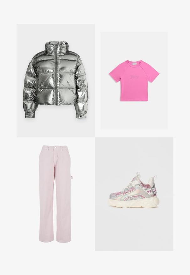 Veste matelassée argentée avec col montant, design rembourré, finition métallique, fermeture éclair frontale et poignets élastiques. Longueur courte, texture lisse.; Top court à manches courtes rose avec col rond et logo "Juicy" en strass centré sur le devant sur un fond blanc.; Pantalons en coton rose pâle à coupe droite, dotés d'une fermeture à bouton et d'une poche cargo sur le côté. Texture lisse et détails de design minimalistes.; Basket de sport chunky avec semelle blanche, panneaux holographiques, accents pailletés rose et argent, lacets blancs et texte "BUFFALO" sur la bride du talon.