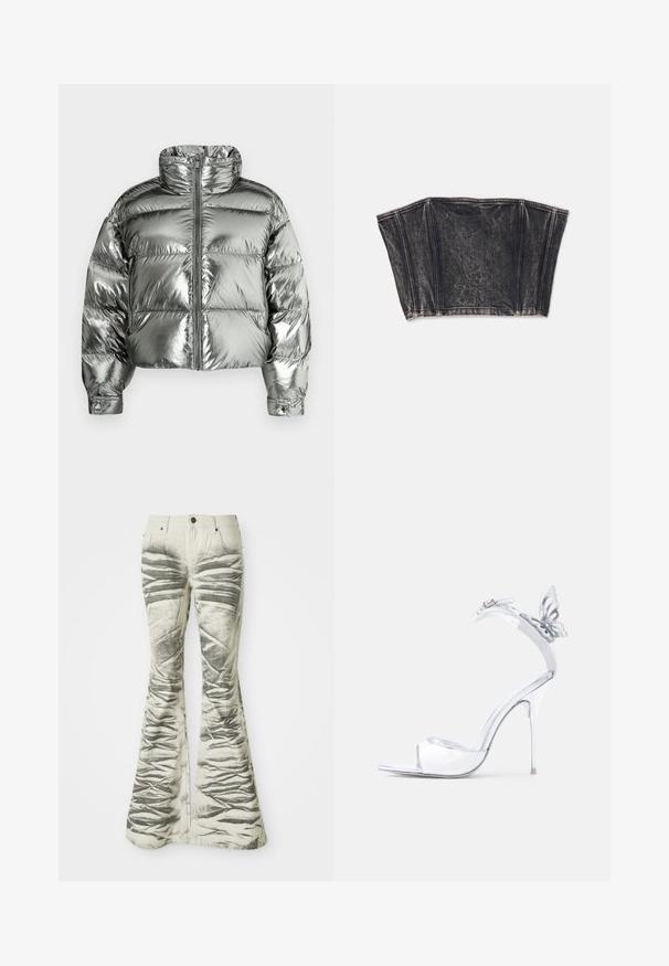 Sølvfarvet dunjakke med høj krave, polstret design, metallisk finish, lynlås foran og elastiske manchetter. Kort længde, glat tekstur.; Sort denim bustier med struktureret design, der har lodrette sømme og en tætsiddende, cropped form. Tekstureret overflade med subtil fading.; Lysfarvede flared jeans med teksturerede sorte vandrette striber og krøllede detaljer, der har forlommer og metalknaplukning.; Sølvfarvet højhælet sandal med anklerem, der har en dekorativ sommerfugledetalje på siden.