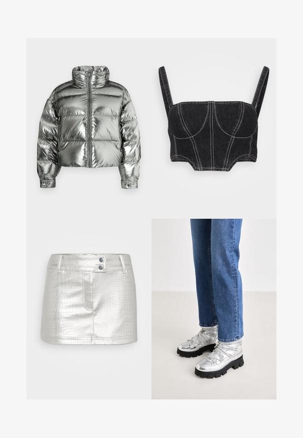 Sølvfarvet dunjakke med høj krave, polstret design, metallisk finish, lynlås foran og elastiske manchetter. Kort længde, glat tekstur.; Sort denim crop top med tynde stropper, der har hvid syning, struktureret korpus og buede sømme. Glat tekstur og tætsiddende design.; Sølvfarvet, kunstlæder nederdel med et tekstureret krokodillemønster, der har to blå knapdetaljer og en tætsiddende pasform.; Metallic sølv ankelstøvler med en robust sort sål, der har en polstret overdel og snørebånd, kombineret med blå lige ben jeans.