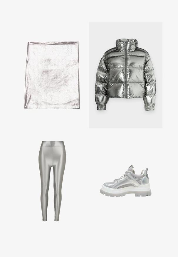 Sølvfarvet dunjakke med høj krave, polstret design, metallisk finish, lynlås foran og elastiske manchetter. Kort længde, glat tekstur.; Metallic sølv stof med en glat tekstur og let glans. Rektangulær form, kanter pænt syet, ingen fremtrædende mønstre eller detaljer.; Sølvleggings med høj talje, lavet af et glat, skinnende materiale. Den tætsiddende pasform fremhæver en slank silhuet uden synlige mønstre.; Sneakers med chunky sål i sølv med mesh paneler, polstret krave, snørelukning og trække-flig ved hælen, set fra siden.