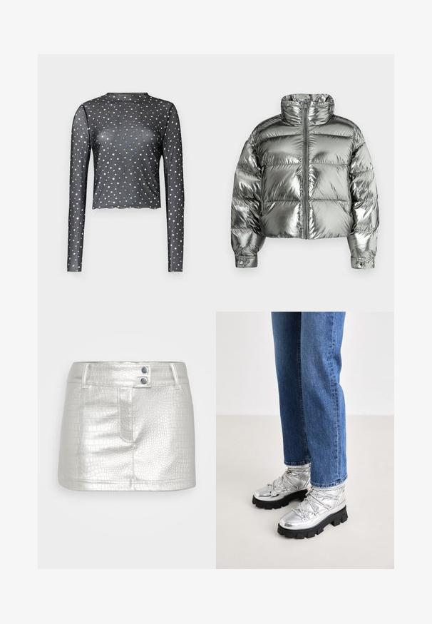 Silberne Steppjacke mit hohem Kragen, wattiertem Design, metallischem Finish, Reißverschluss vorne und elastischen Bündchen. Kurz geschnittene Länge, glatte Textur.; Schwarzes Langarmoberteil aus transparentem Stoff mit einem gewellten Saum und silbernem Sternenprint. Figurbetonter Schnitt.; Silberner, Kunstlederrock mit strukturiertem Krokodilmuster, ausgestattet mit zwei blauen Knopfakzenten und einem figurschmeichelnden Design.; Metallicsilberne Knöchelstiefel mit einer robusten schwarzen Sohle, ausgestattet mit einem gepolsterten Oberteil und Schnürsenkeln, kombiniert mit blauen geraden Jeans.