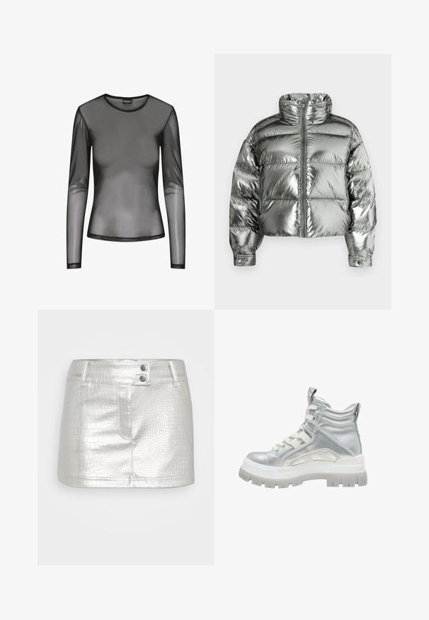 Silberne Steppjacke mit hohem Kragen, wattiertem Design, metallischem Finish, Reißverschluss vorne und elastischen Bündchen. Kurz geschnittene Länge, glatte Textur.; Schwarzes langärmliges Mesh-Oberteil mit rundem Ausschnitt, aus transparentem Stoff und figurbetonter Passform. Die Ränder sind mit schwarzer Naht versehen.; Silberner, Kunstlederrock mit strukturiertem Krokodilmuster, ausgestattet mit zwei blauen Knopfakzenten und einem figurschmeichelnden Design.; Silberne metallische High-Top-Stiefel mit dicker weißer Lauffläche, Schnürung auf der Vorderseite und gepolstertem Knöchelkragen auf einem weißen Hintergrund.