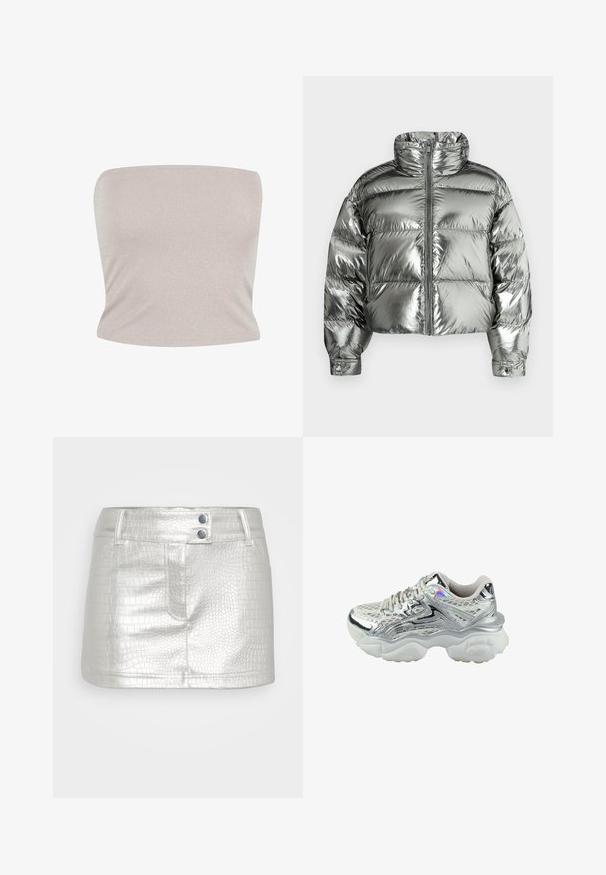 Sølvfarvet dunjakke med høj krave, polstret design, metallisk finish, lynlås foran og elastiske manchetter. Kort længde, glat tekstur.; Bandeau top i lys beige strikket stof med subtil glans, der har en tætsiddende design og glat tekstur, med en lige udskæring.; Sølvfarvet, kunstlæder nederdel med et tekstureret krokodillemønster, der har to blå knapdetaljer og en tætsiddende pasform.; Sølv sneakers med en overdel i mesh, der har et skinnende metallisk design, tyk hvid sål og reflekterende detaljer. Teksturert overflade for godt greb.