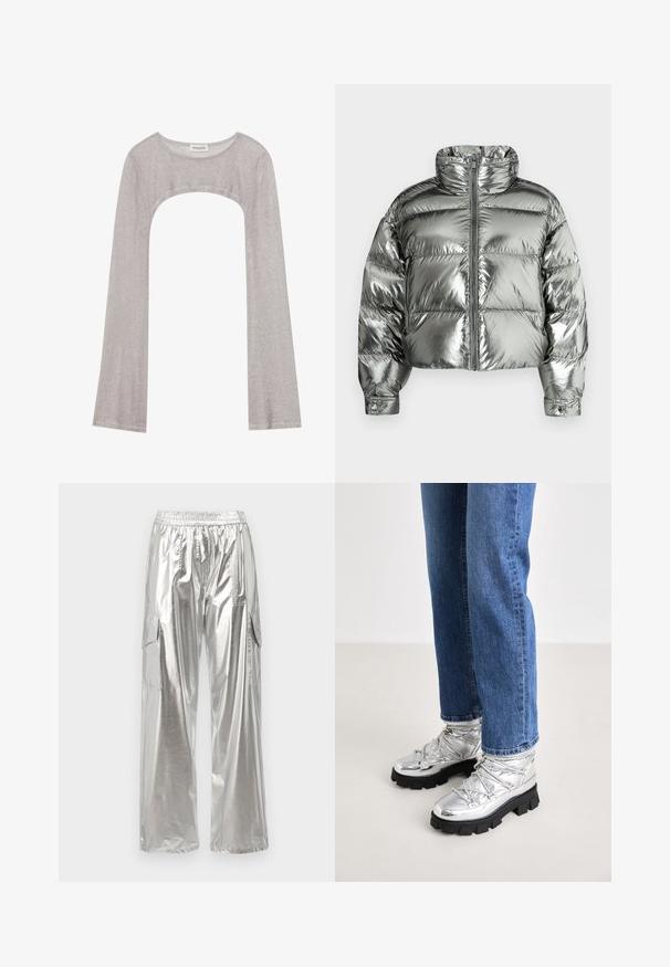 Sølvfarvet dunjakke med høj krave, polstret design, metallisk finish, lynlås foran og elastiske manchetter. Kort længde, glat tekstur.; Sølvmetalisk strikket bolero-sweater med lange ærmer og bred halsudskæring, mærket Even & Odd.; MCM METALLIC PANTS - Cargobukser - silver; Metallic sølv ankelstøvler med en robust sort sål, der har en polstret overdel og snørebånd, kombineret med blå lige ben jeans.