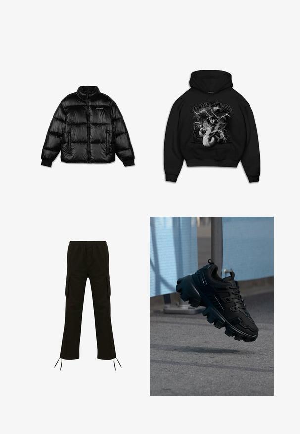 Chaqueta acolchada negra y brillante con cremallera frontal, dos bolsillos con cremallera, puños acanalados y pequeño logo blanco "PEGADOR" en el pecho izquierdo.; Sudadera negra con capucha que presenta un gráfico de una serpiente con acentos de rayos. El texto en la parte superior dice "MJ GONZALES". El material parece suave y tiene un corte relajado.; Pantalones cargo negros con cinturilla elástica, bolsillos laterales y cordones en el dobladillo; fabricados en un tejido ligero con una textura suave.; Zapatilla negra y gruesa con suela de taco grueso flotando sobre un pavimento gris, con un fondo desenfocado azul claro y gris.