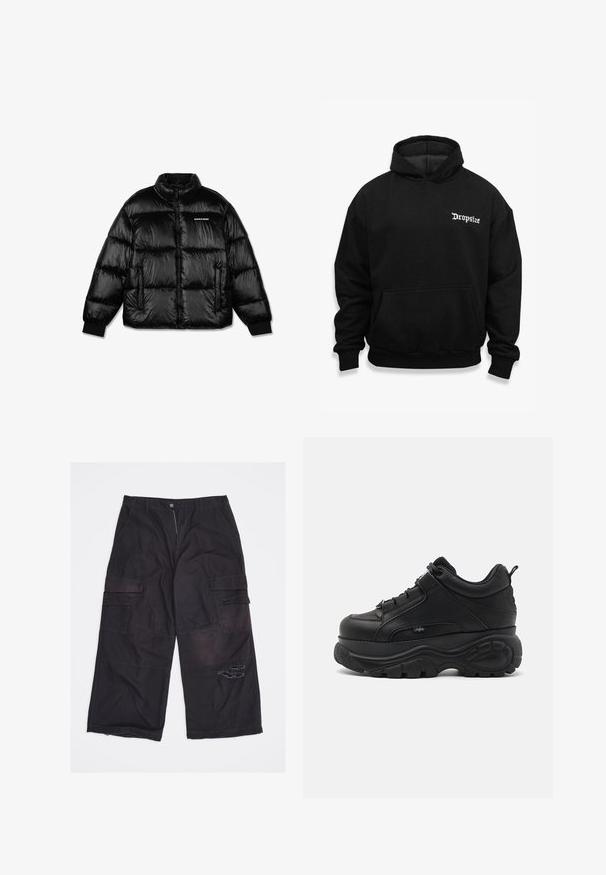 Schwarze, glänzende Daunenjacke mit Frontreißverschluss, zwei Reißverschlusstaschen, gerippten Bündchen und kleinem weißen "PEGADOR"-Logo auf der linken Brust.; Schwarzer Kapuzenpullover mit Kängurutasche, mit weißem "Dropsize"-Text auf der linken Brust, aus weichem Stoff mit gerippten Bündchen.; Schwarze Cargo-Hose mit weitem Bein, mehreren Taschen und einem ausgefransten Riss an der rechten Oberschenkelpartie, flach auf einem weißen Hintergrund liegend.; Schwarze Leder-Chucksneaker mit dicker Gummisohle, schlankem Design und strukturierten Akzenten. Verfügt über Schnürsenkel und eine Zuglasche an der Ferse.