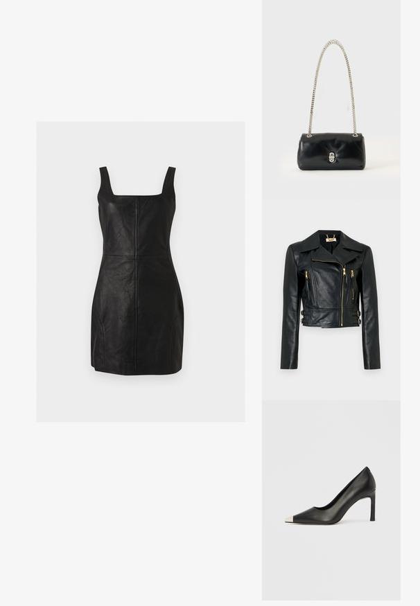 Veste de motard en cuir noir avec fermetures éclair dorées, fermeture asymétrique à l'avant, larges revers et détails à boucle sur l'ourlet raccourci.; Mini-robe noire sans manches en similicuir avec encolure carrée et détails visibles de coutures verticales et horizontales.; Chaussure à talon haut en cuir noir avec bout pointu et capuchon argenté métallique. Présente une finition lisse et un talon fin de 10 cm.; Sac à main en cuir noir avec une bandoulière chaîne argentée et un fermoir argenté, exposé sur un fond uni clair.