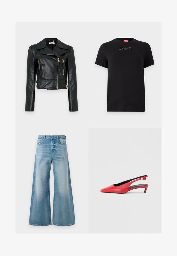 Sort læder bikerjakke med guld lynlåse, asymmetrisk frontlukning, brede revers og spænde detaljer på kappet kant.; Sort Diesel t-shirt med korte ærmer og lille rhinsten-logo med tekst centralt placeret under halsudskæringen.; Lysblå denim jeans med brede ben, let falming og slid på forlommer, knaplukning og bæltestropper.; Røde læderslingback hæle med spidse tæer, der har en lille hæl og en spændeaccent på remmen. Glat tekstur.