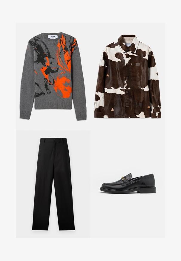 Veste en cuir de vachette marron et blanc avec un col, une fermeture par boutons et une étiquette de marque discrète. La texture semble douce et semblable à de la fourrure.; Pull en tricot gris avec un design abstrait contrasté en orange et noir. Encolure ronde et poignets et ourlet côtelés. Texture douce.; Pantalons noirs en coton avec une coupe droite, dotés d'une fermeture à bouton à l'avant et de poches latérales. Texture lisse, sans motifs.; Mocassins en cuir noir avec un embout rond, présentant des accents en métal doré et des détails de couture, montés sur une semelle en caoutchouc texturé et basse.