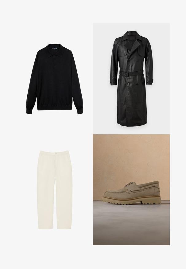 AllSaints NEO - Trenchcoat - black; Zwarte longsleeve polo shirt van zachte stof, met een klassieke kraag, drie knopen en ribgebreide manchetten en onderrand.; Beige casual broek met elastische tailleband, knoop aan de voorkant, ritssluiting en zijzakken, plat neergelegd op een witte achtergrond.; Beige suède casual veterschoen met dikke, geribbelde zool, zwevend boven een bijpassend beige getextureerd oppervlak en achtergrond.