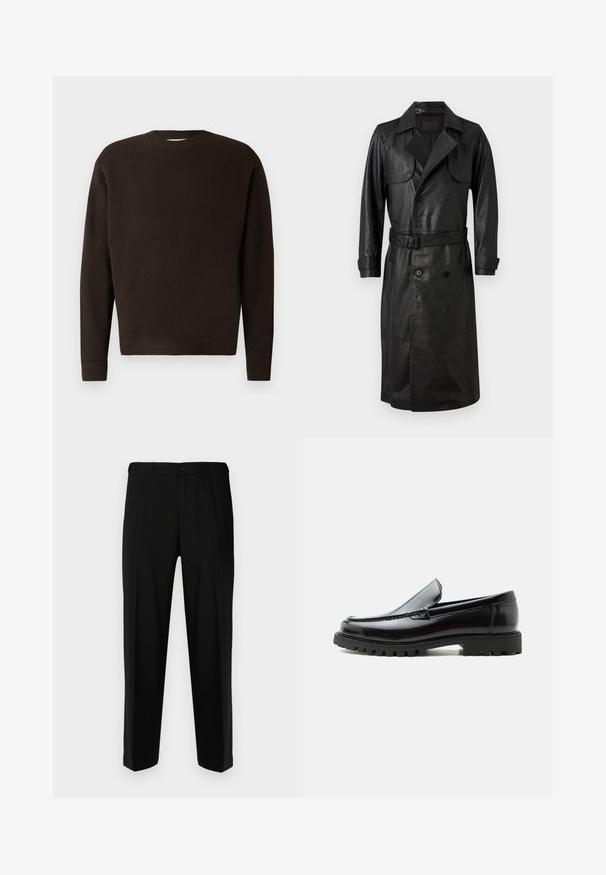 AllSaints NEO - Gabardina - black; Suéter de cuello redondo marrón oscuro hecho de tejido texturizado. Presenta mangas largas y puños y dobladillo acanalados. Diseño minimalista sin patrones ni acentos.; Pantalones negros de tela suave, con corte recto, dos bolsillos frontales y cremallera con cierre de botón.; Mocasín de cuero negro con suela de goma gruesa, empeine cosido y nombre de la marca en relieve en el talón, mostrado en perfil lateral sobre fondo blanco.