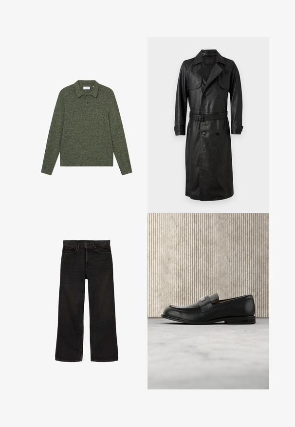 AllSaints NEO - Trenčkot - black; Zelený pletený pulóver s golierom, dlhými rukávmi a textúrovaným vzorom. Obsahuje dvojitý gombík a jemné logo.; Čierne džíny s rovnými nohavicami, prednými a zadnými vreckami, pútkami na opasok, zapínaním na gombík a viditeľným šitím.; Čierny kožený loafer s kovovou značkovou platničkou ležiaci pri hnedom okrúhlom stole na béžovej koberci.